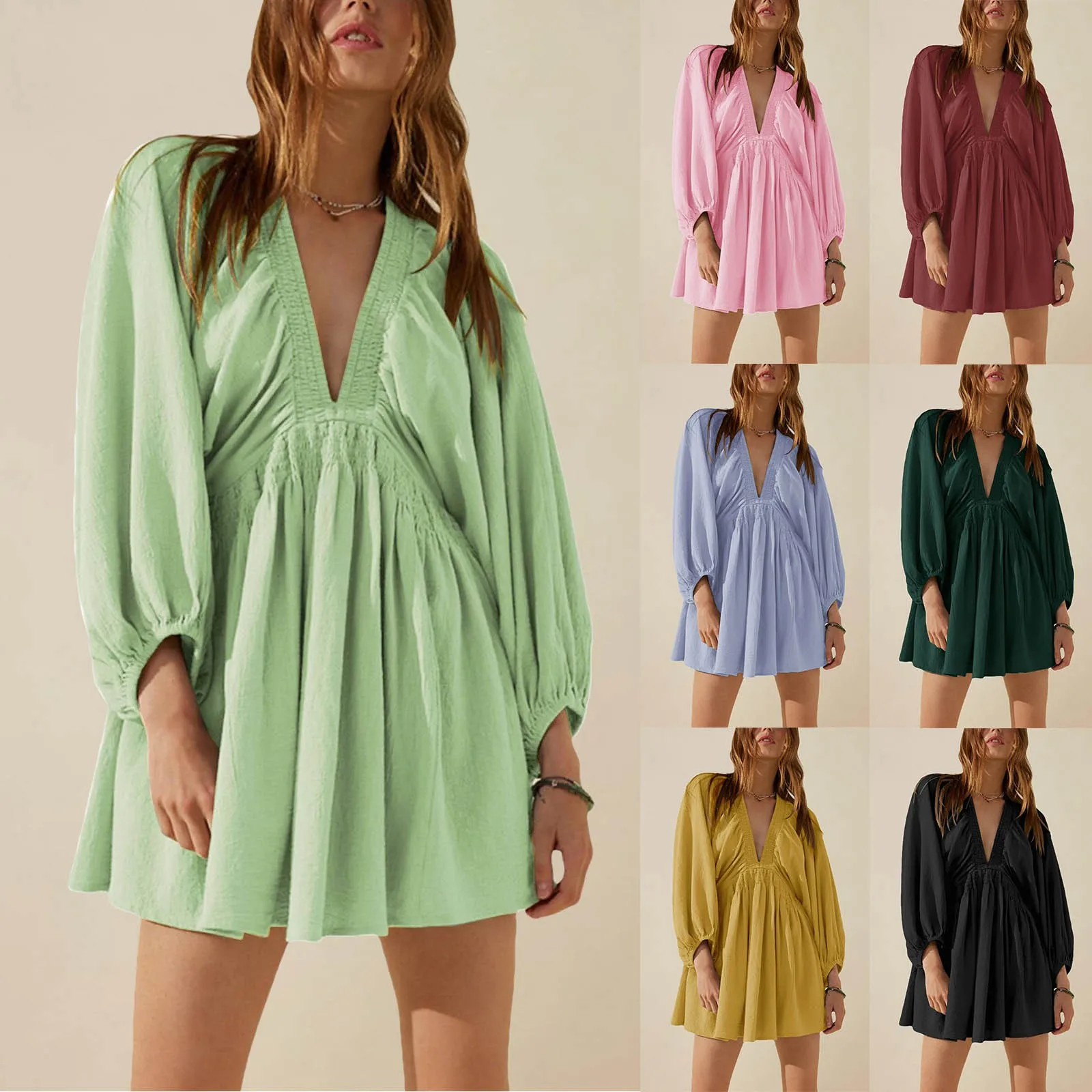 Deep V Neck Sexy Dress Temperament Retro Solid Color Pleated Dress Elegant Long Sleeve Large Size Casual Womens Dresses ropa