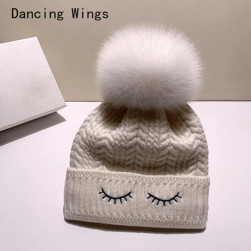 Autumn Winter Knit Hats For Women Real Fox Fur Pompom Caps Fashion Female Beanies