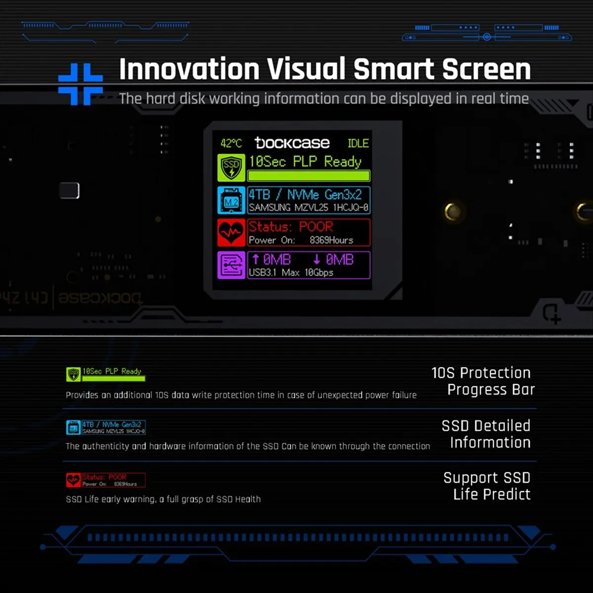 Smart 2280 M.2 NVMe SSD Enclosure Cyber Design Explorer Edition with LCD Display Max 10GBps Type-C Silver