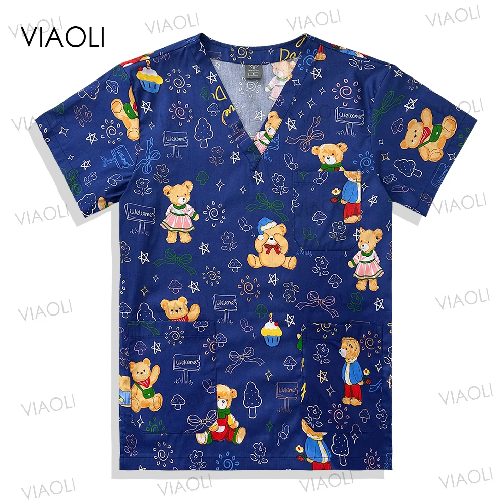 100% Cotton Cartoon Print Nurse Uniform Short Sleeve V-neck Workwear Woman Men Casual T-shirt Medical Scrubs Tops Nursing Blouse