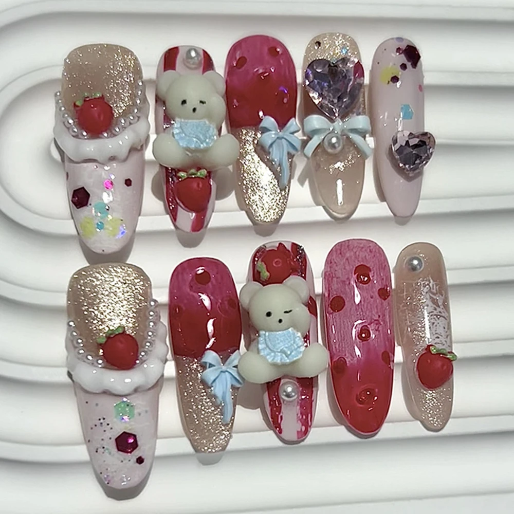 

10 шт. Kawaii 3D Клубничная Девушка Тедди Французский Овальный Ручной Работы Пресс на Ногти Милая Милая Накладные Ногти Лук Кошачий Глаз Блеск Искусства
