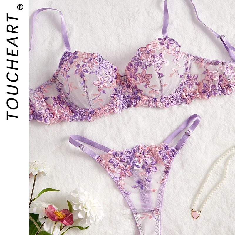 

Toucheart Sexy Purple Sexy Lingerie For Women Mesh Hollow Out See-Through Thin Embroidered Sexy Interesting Underwear Set New