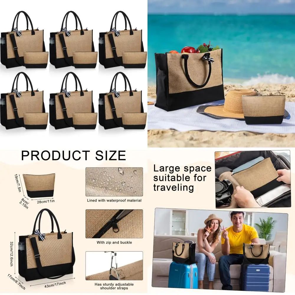 กระเป๋าผ้ากระสอบขนาดใหญ่แบบใช้ซ้ำได้ 17x13x7 นิ้ว - กระเป๋าชายหาดแบบเป็นมิตรกับสิ่งแวดล้อมพร้อมหูหิ้วสำหรับผู้หญิงและงาน DIY