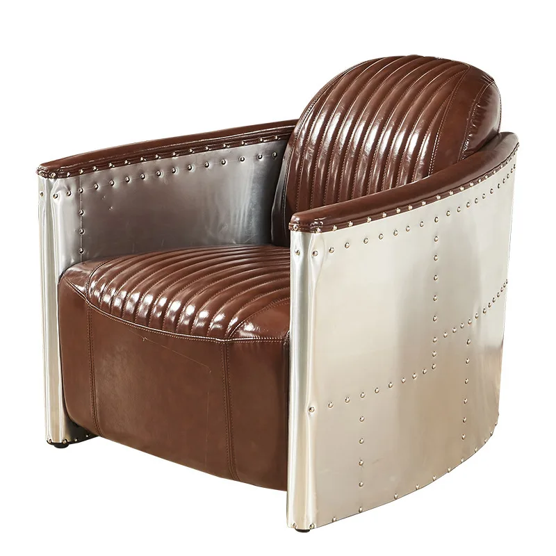 

American retro leather sofa, medieval aluminum leather cigar bar sofa, industrial style old metal mechanic chair