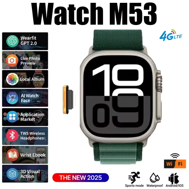 

Новые умные часы m53 2025 года с системой 4G All Network Android S10 и GPS-картой для максимального подключения