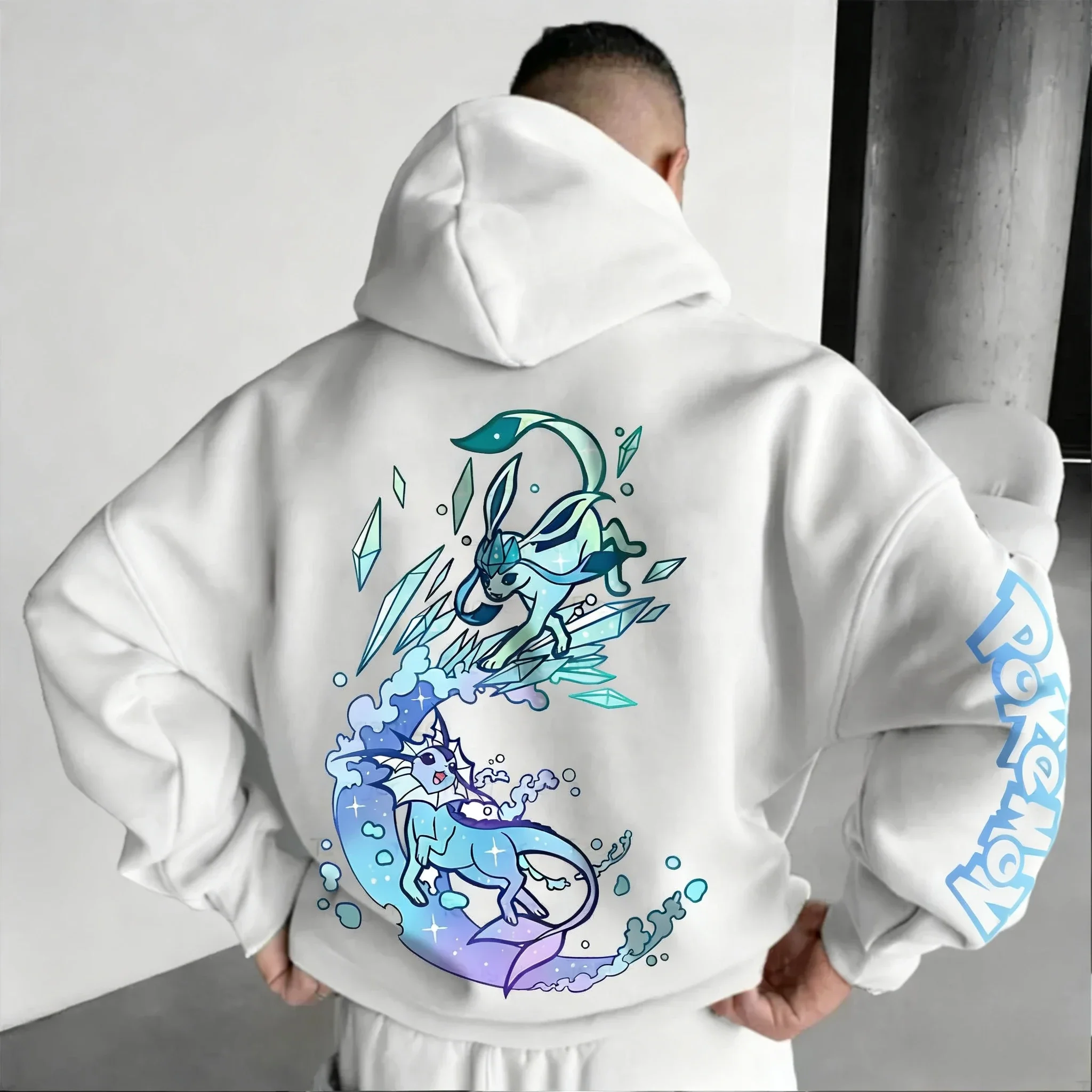 Pokémon Anime Co-branded Geschilderde Hoodie Herfst/Winter Heren Nieuwe Glaceon Gedrukt Amerikaanse Casual Losse Ouder-kind Trui Top