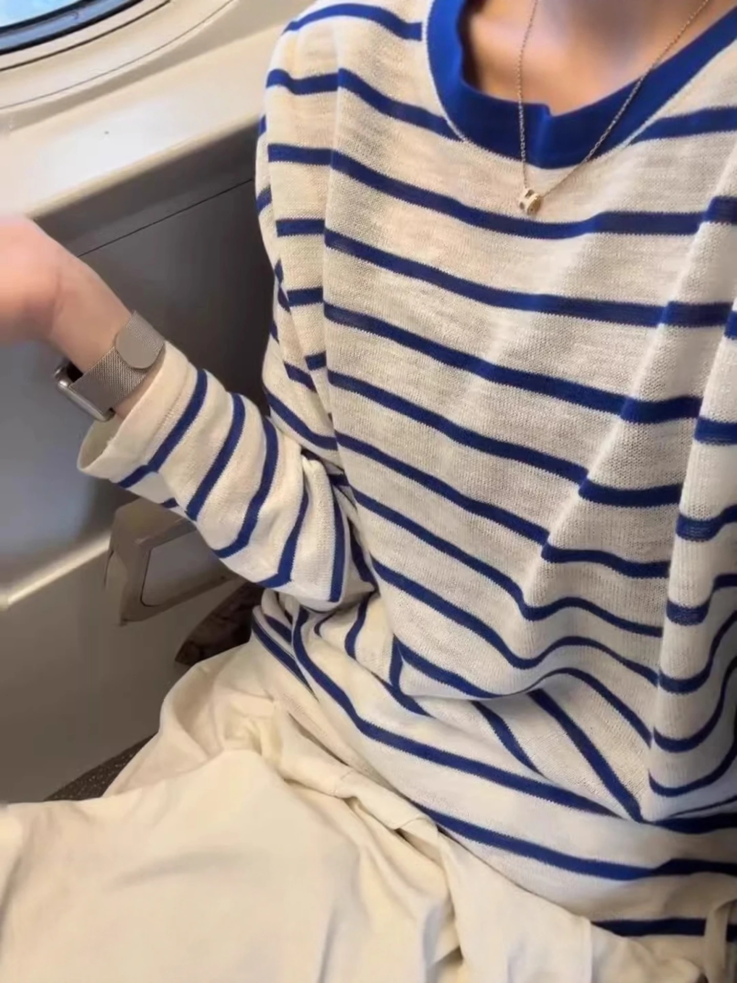 Azul listrado leve respirável camiseta feminina verão solto ar condicionado proteção solar longo sve topo coreano sle