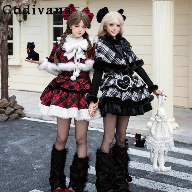 

Christmas Party New Year Lolita Suspenders Dress Cloak Set Winter New 2025 Cute Girl Sweet Bow Plaid Plush Dress Y2K Leg Warmers