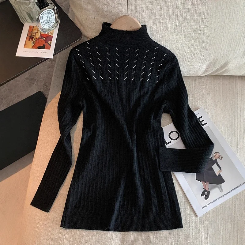 Dames herfst winter nieuwe effen kleur slim fit mock hals nis high-end gebreide kleding stijlvolle basislaag pullover top