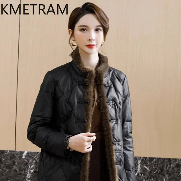 100% جلد الغنم أسفل معاطف النساء جلد طبيعي أسود منتصف طول سترة منفوخة ملابس الشتاء امرأة 2025 ملابس خارجية putaхоovyк