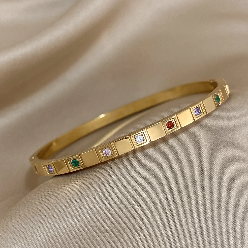 Chic 316L Stainless Steel Bracelets for Women Romantic Inlaid Colorful Zircon Block Gold Plated Cuff Bangle Charm Jewelry Gifts