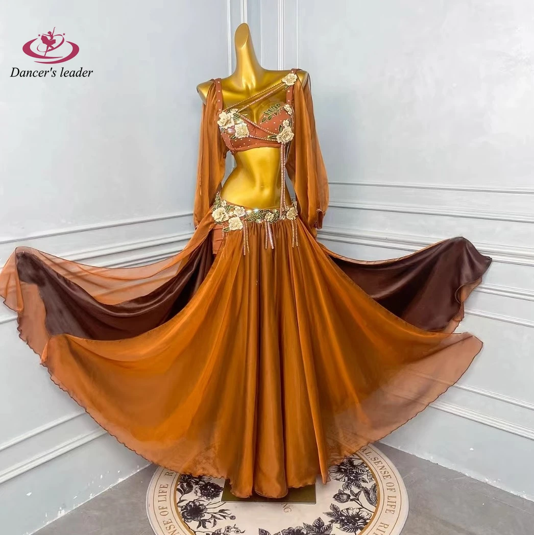 

Belly Dance Adult High-End Caramel Long Sleeved Bra Top With Slit Gauze Skirt Tango Women'S Professional Clothing