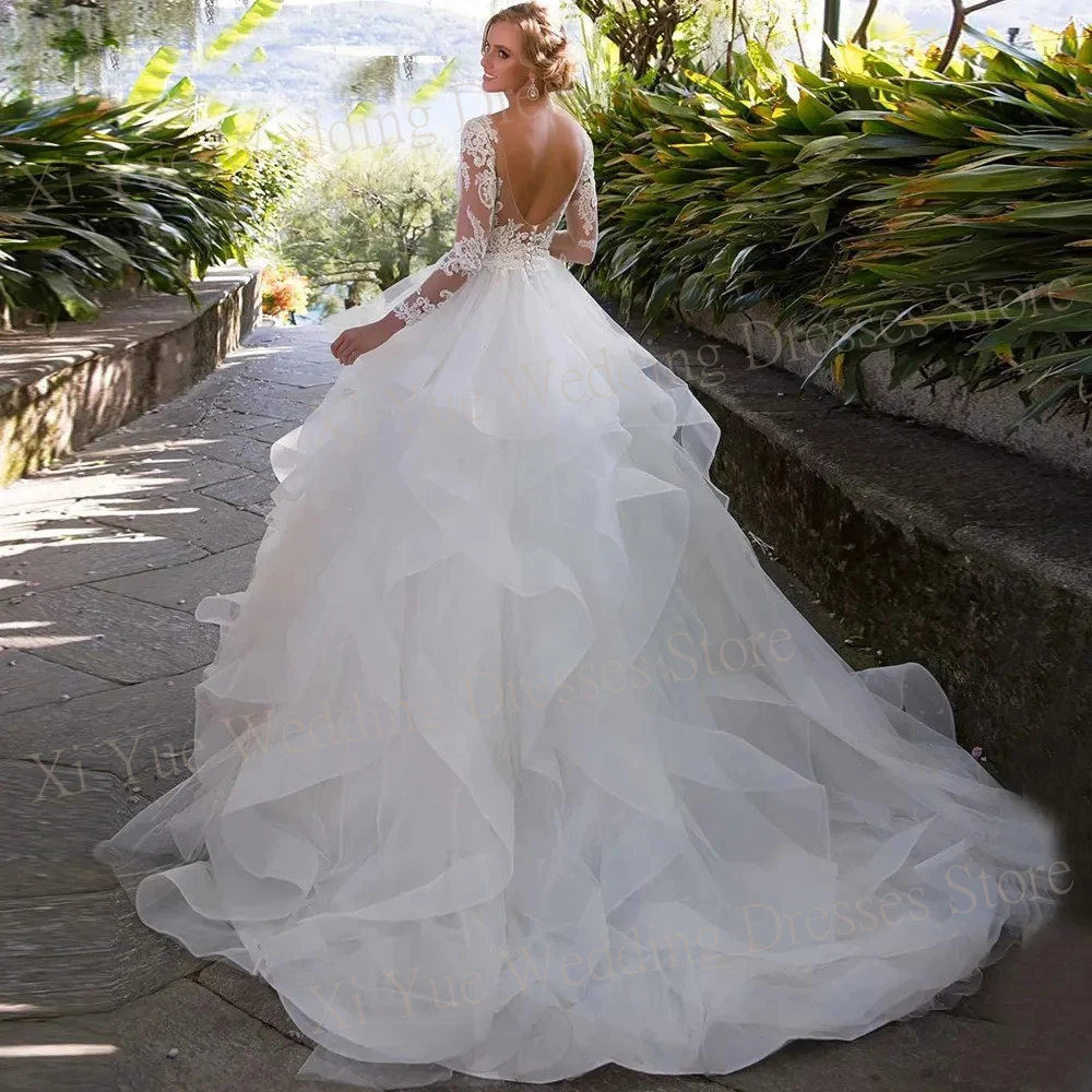 Abiti da sposa a strati squisiti della principessa Appliques di pizzo senza schienale abiti da sposa con maniche lunghe abiti da festa formale De Noiva