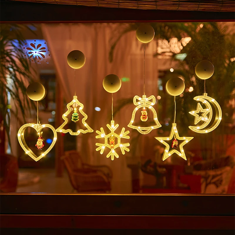 Christmas Decor LED Light Window Suction Cup Lamp Snowflake Christmas Tree Star Pendant Light for Bedroom Living Room Restaurant