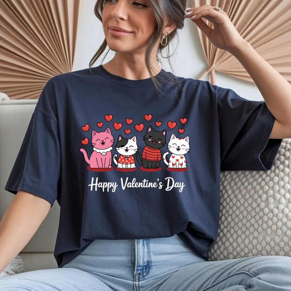 

Женская футболка больших размеров с милыми кошками на День святого Валентина, хлопковая дышащая модная и универсальная уличная одежда унисекс большого размера
