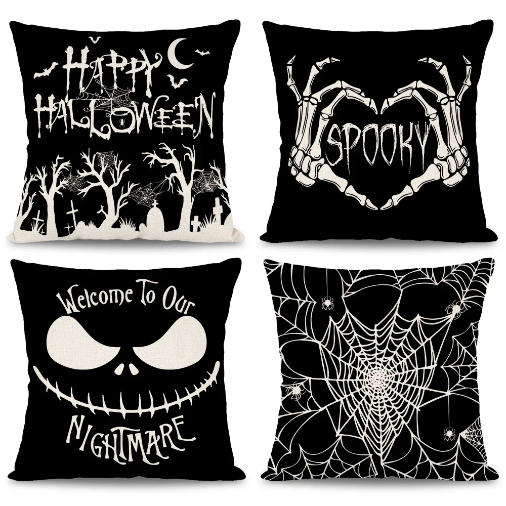 Halloween Skull Spider Pillowcase Black White Skull Spider Web Eerie Design Sofa Cushion Halloween Party Home Decor 18x18 Inches