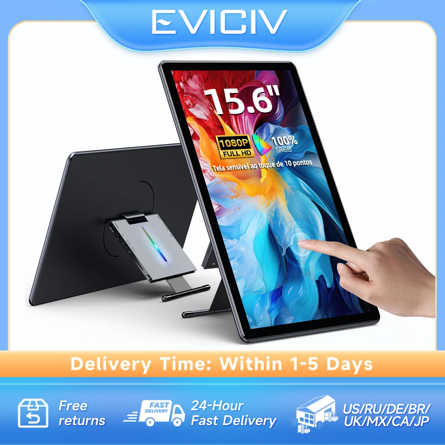 Eviciv 15.6" Portable Monitor Touch Screen 1080P 100%sRGB IPS External Second Display for Laptop Phone Switch with USB-C&HDMI