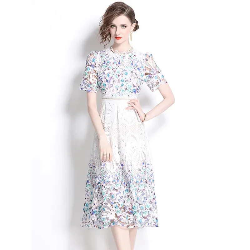 

High-Quality Lace Hollow Out Summer Dress For Women Stand Collar Short Sleeve High Waist Elegant Dresses Female Fashion New