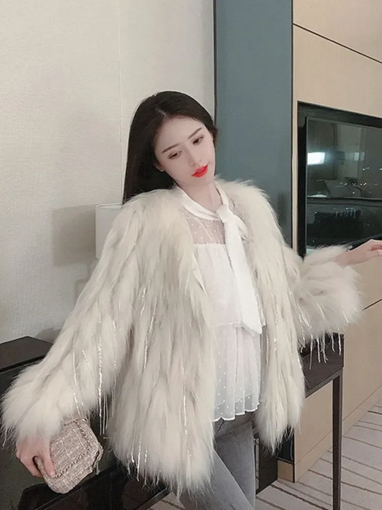 Korean Style Fox Fur Short Fur Coat for Women 2023 Autumn Winter New Woven Tassle Fashion Imitation Raccoon Fur Overcoat Female