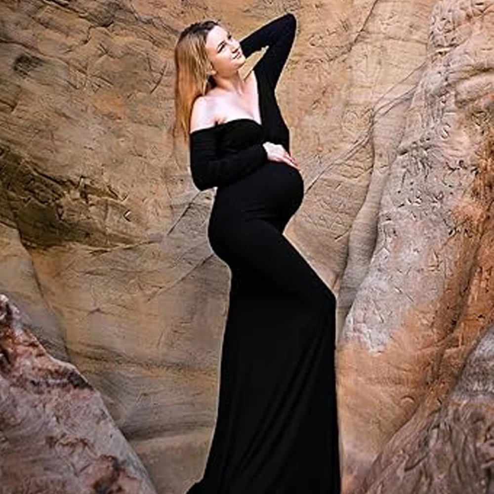 Pregnant Slim Dress Off Shoulder Maxi Floor Length Formal Gown Elegant Women Maternity Dresses For Photoshoot Baby Shower