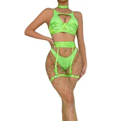 Brskbzda conjunto de lencería de vendaje verde neón, medias de rejilla, liga, Gargantilla, conjunto exótico Sexy de lujo, Kit de lujo