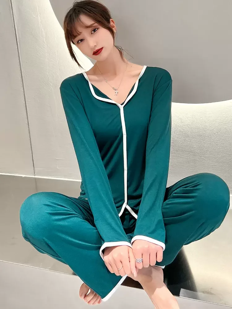 Pajama Sets Women Spring Autumn Sleepwear Simple Long Sleeve Homewear Pants Tender Breathable Fashion Comfortable Pijamas Mujer