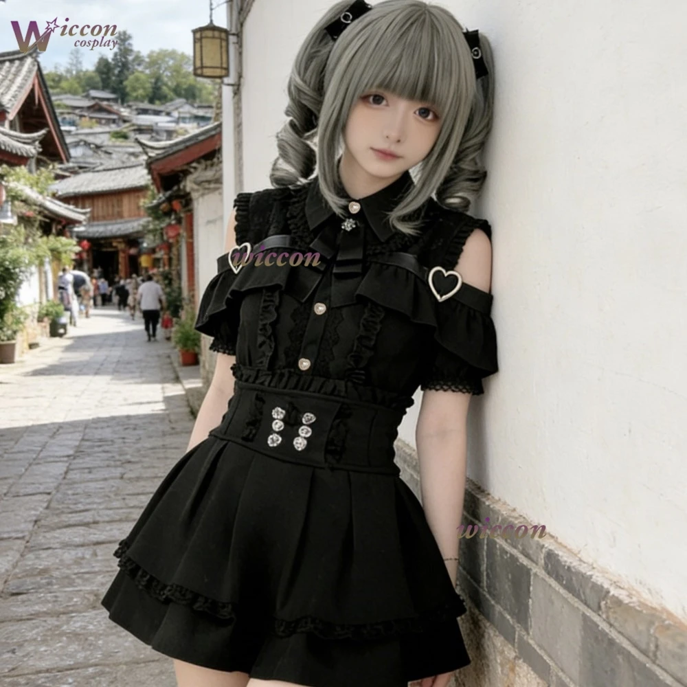 AniCos Conjunto de manga corta oscuro para personas pequeñas, camisa con hombros descubiertos estilo japonés, conjunto de vestido con media falda, elástico en cuatro direcciones