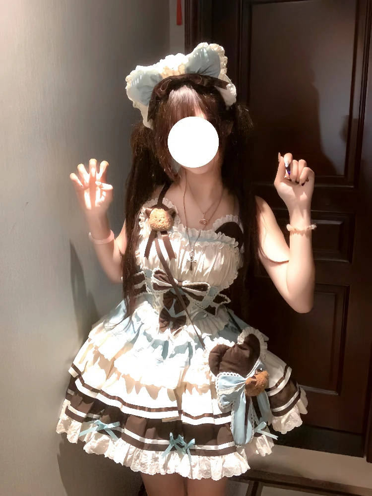 Słodka Japońska Sukienka Lolita Kawaii Damska Y2k Retro Koronkowa Kokarda Falbana Tortowa Sukienka Harajuku Elegancka Damska Wyszczuplająca Szykowna Letnia