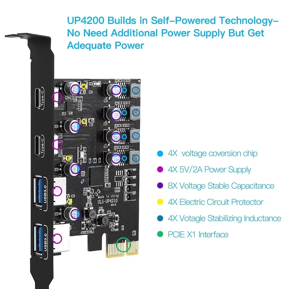 PCIE Card Adapter gen1 with 2 USB3.0 Type-A and 2 USB3.0 Type-C Ports for High-Speed Data Transfer