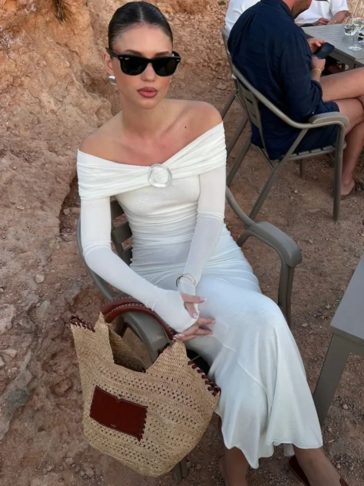 オフショルダー長袖セクシーマキシワンピース レディース 秋新作 ストラッ プレス バックレス ボディコン エレガント クラブ パーティー ロングドレス