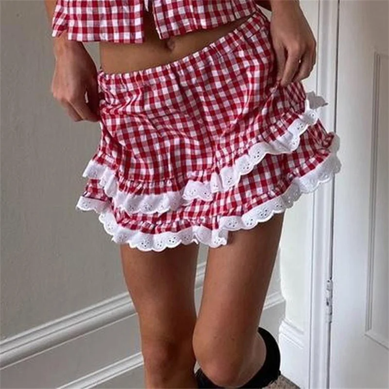 

Preppy Lace Hem Gingham Miniskirt Layered Ruffle Sexy Cosplay Crossdress Party Skirt Dress Womens Japanese Lolita 2000s Clothes