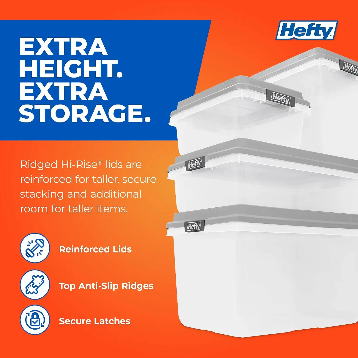 63 Qt Hi-Rise Storage Bin with Lid, Stackable Plastic Storage Container, Organizer for Home, Garage & Closet, 4 Pack, Gray