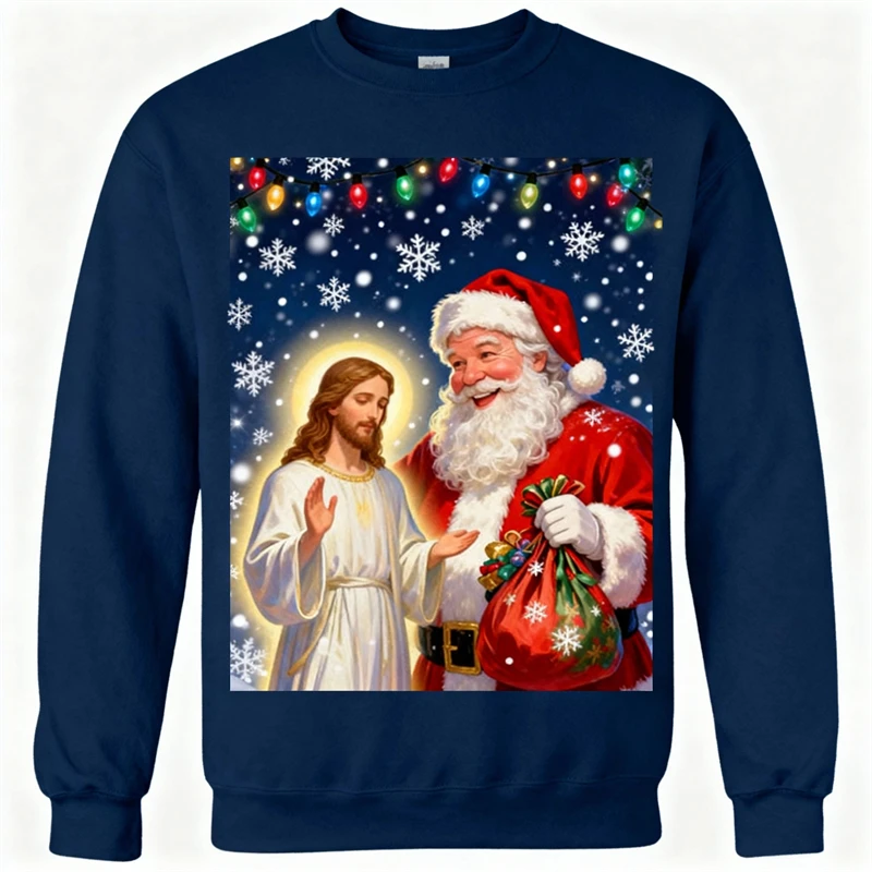 موضة سانتا يسوع الجرافيك سترة عيد الميلاد القبيحة العصرية الشارع الشهير ثلاثية الأبعاد مطبوعة عيد الميلاد بلوزات فضفاضة تنفس رجالي البلوفرات #1