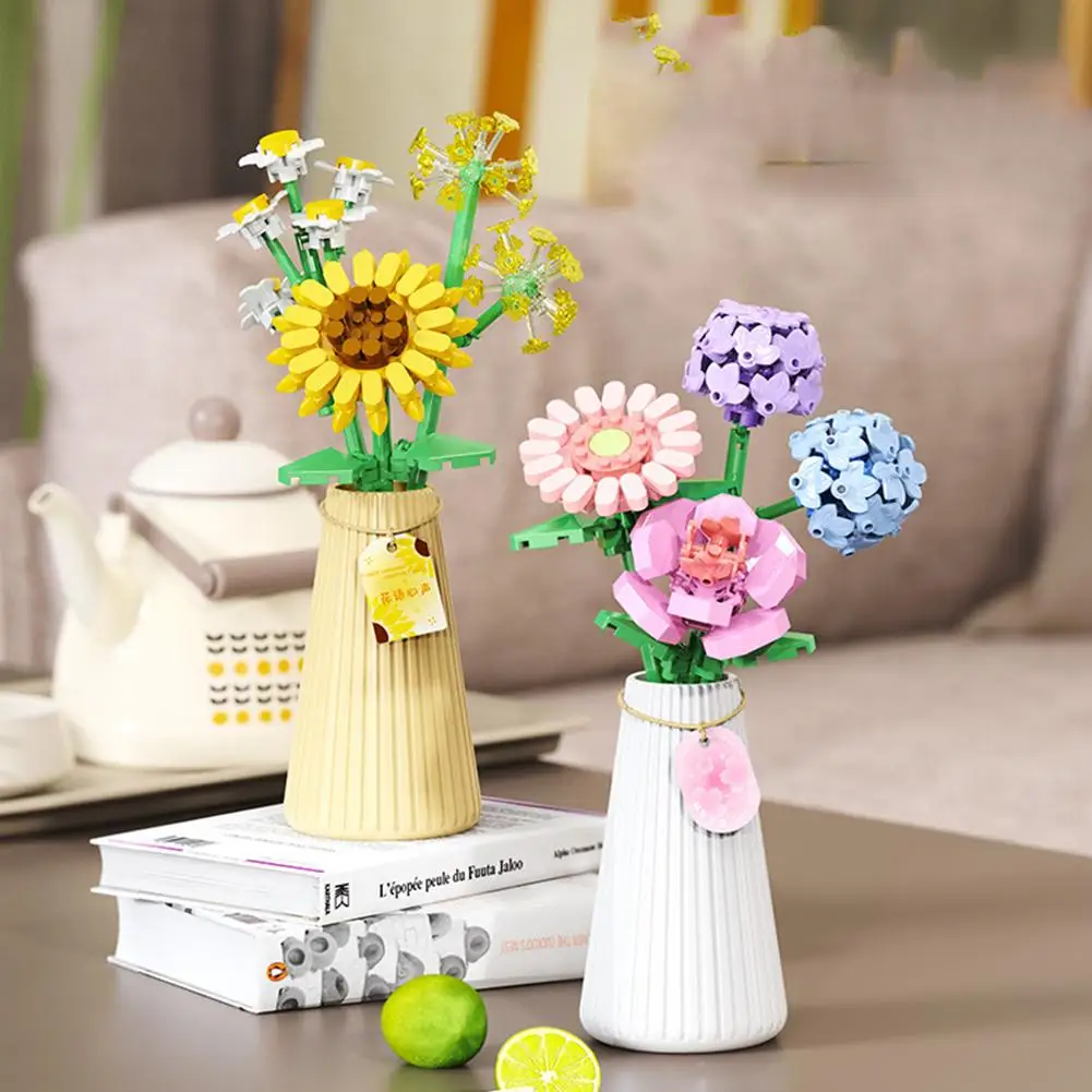 Bouquet di fiori con vaso Micro Building Block Girasole Rosa Mini modello di mattoni Giocattolo Bouquet 3D Piante Decorazioni per la casa Regalo per adulti