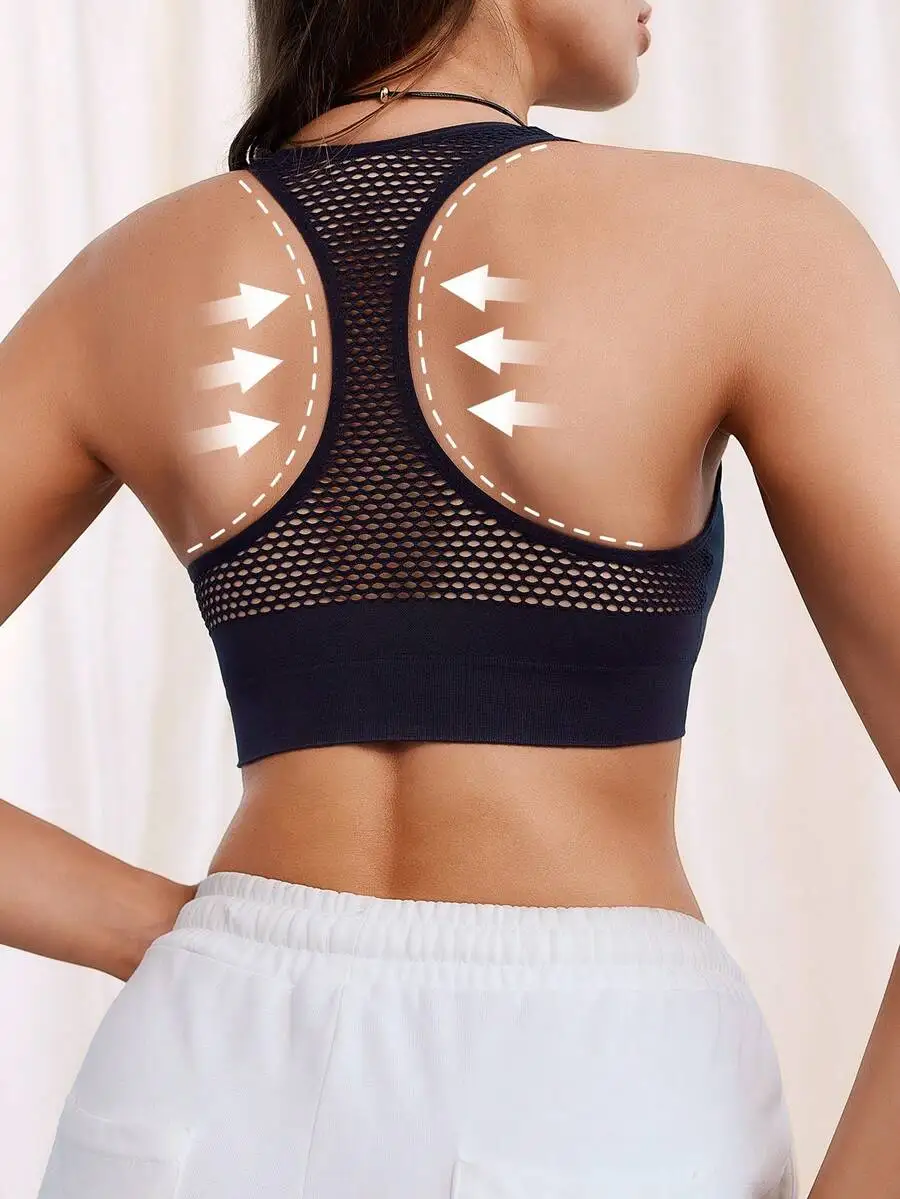 1 Piece Hollow Mesh Knit Front Zipper Hollow Stretch Moisture Wicking Design Breathable Seamless Sports Bra, Fitness Yoga