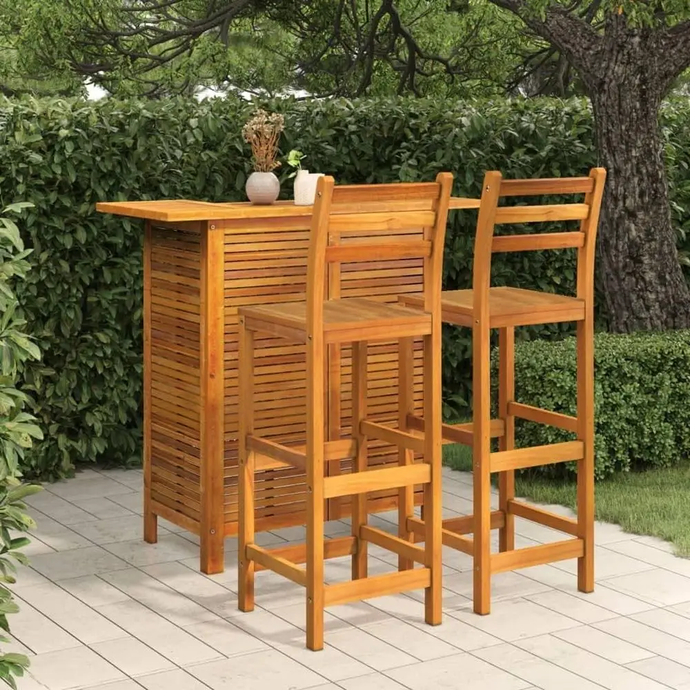 

3 Piece Wooden Garden Bar Table and Chair Set with Solid Acacia Wood Table and 2pcs Chair with Backrest, Tropical Hardwood, Weat