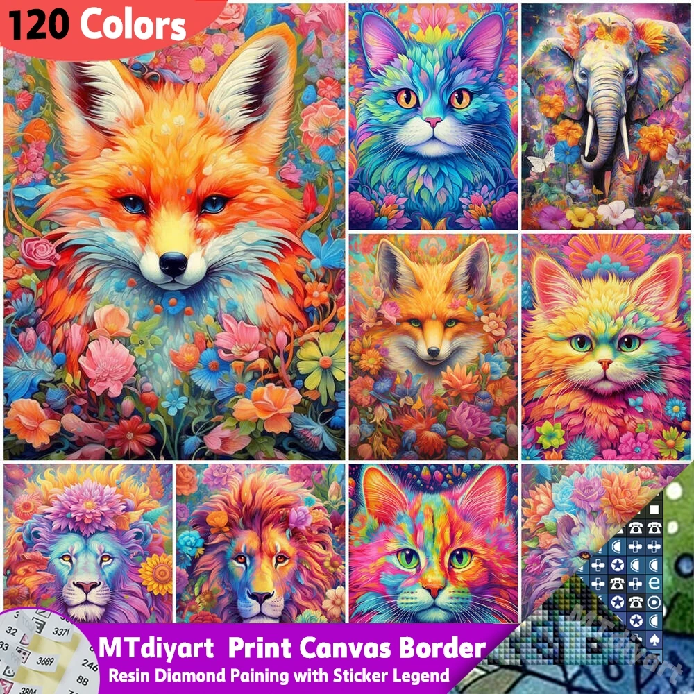 Symbol Stickers 120 Colors Resin Printed Canvas Border Diamond Painting Colorful Flower Surrounded Animal Full Drill DIY  Craft