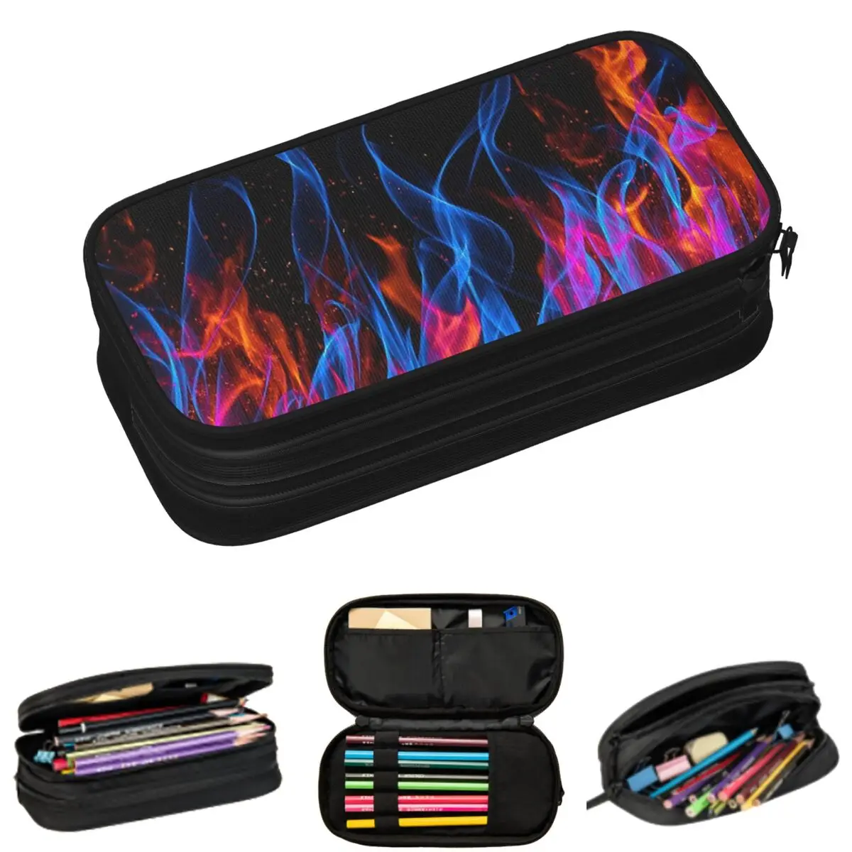 

Синие пеналы с огненными узорами для школьников, вместительные пеналы-косметички для ручек и карандашей