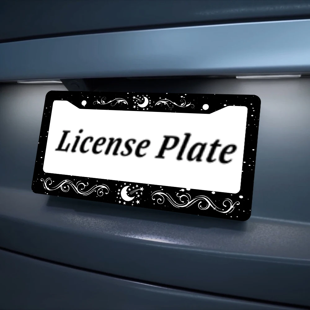 إطار لوحة ترخيص أسود بفتحتين مع نمط نجمة القمر، مادة ألومنيوم، 6 × 12 بوصة، يتضمن مجموعة براغي لتزيين السيارة #5