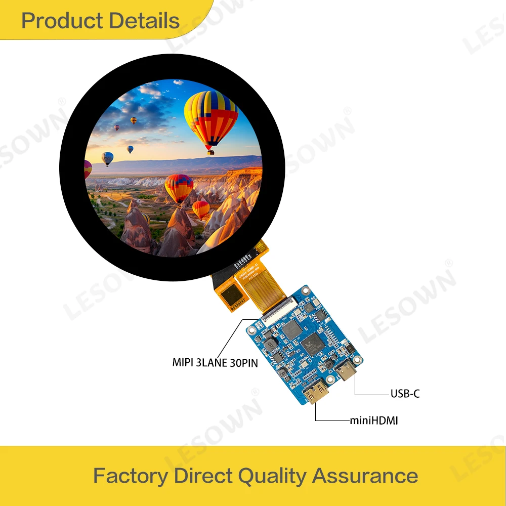 LESOWN 800x800 IPS Round LCD Screen 3.4 inch HDMI Type C Full Viewing GX-H2M30PB118 Controller Drive Board Industrial Display