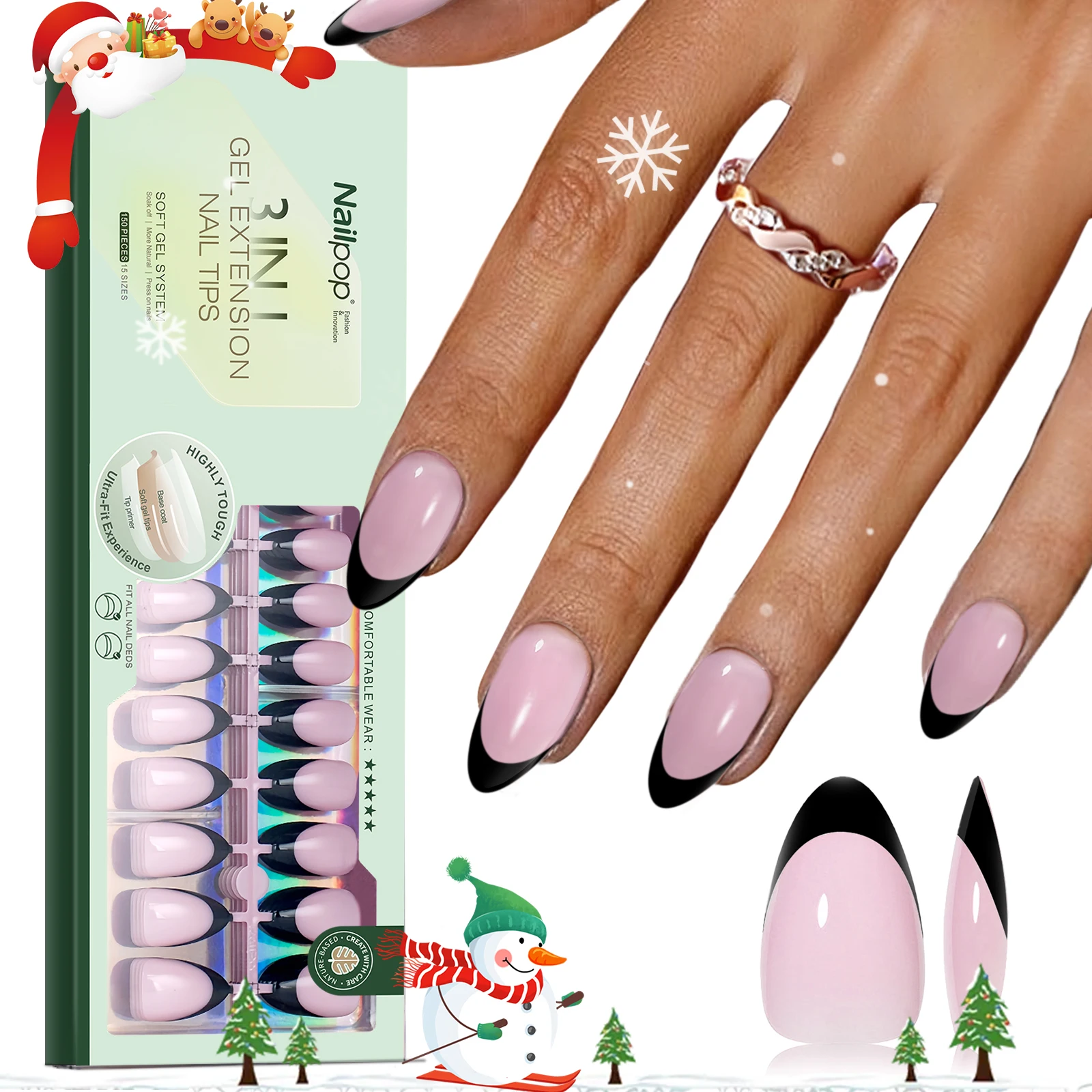 

Nailpop 150pcs Y2K French Gel Tip Press-On Nails Almond-Shaped Square 15 Sizes Pre-Applied Black Edge French Artificial Nails