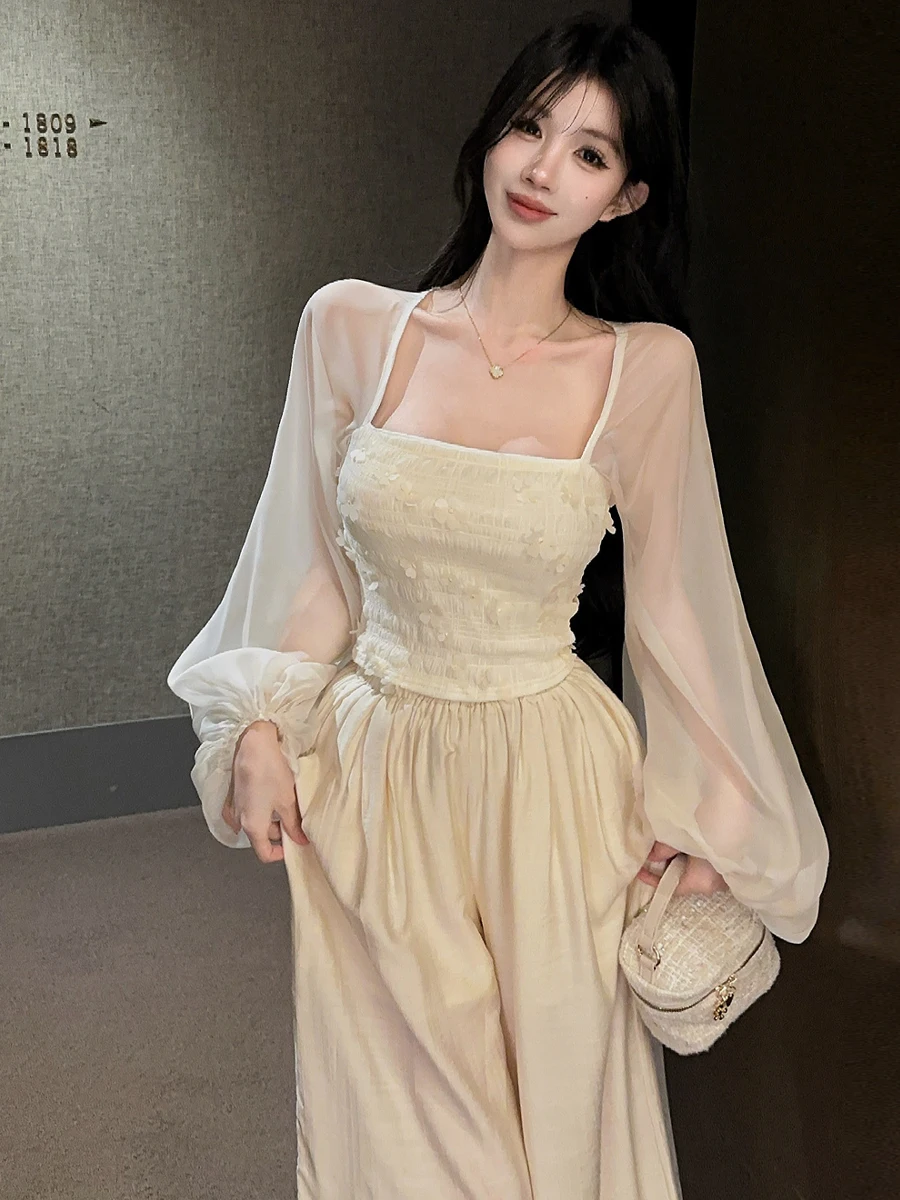 Elegant Sweet Short Square Collar 3D Flower Shirt Top with High Waist Wide Leg Pants Two Piece Set Breathable French Style