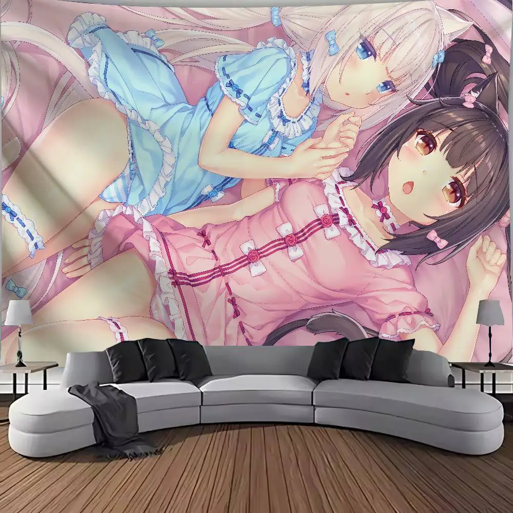 Cute Cat Ear Anime Girls Tapestry, Sweet Neko Maid Twin Characters Wall Hanging, Kawaii Pink Pastel Cloth Bedroom Decor