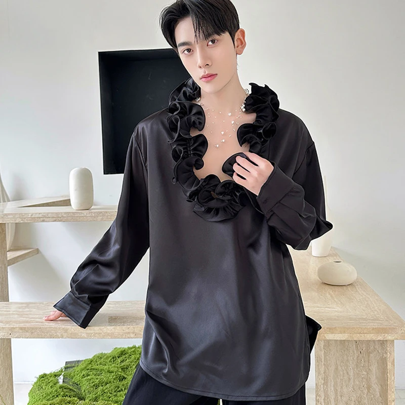 WTHT Fashion 2026 Summer Men's Solid Color Loose Ruffles Edge Shirts Trendy Long Sleeves Casual Pullover Male 2A2864