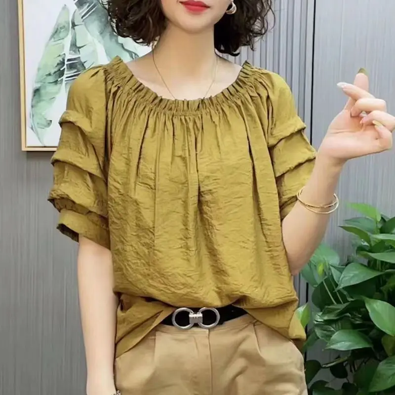 Oversized Solid Color Round Neck Chiffon Shirt for Women\'s New Summer Casual Commuting Loose Belly Covering Age Reducing Top