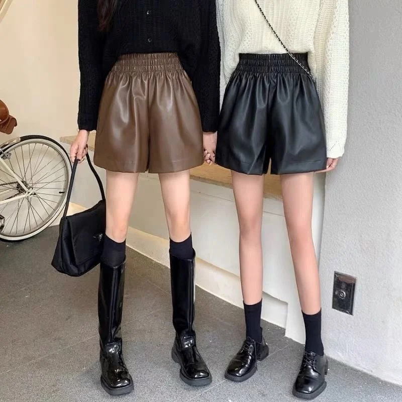 Korean High Waist Thin A-line Leg Shorts Women\'s Casual Loose Pu Leather Pants Clothing Women Pants Summer Shorts