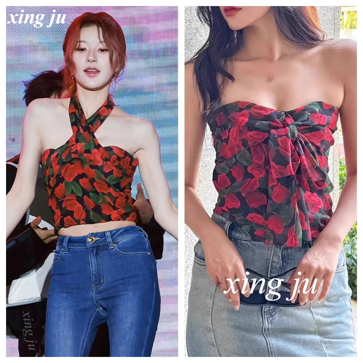 

Женский костюм певицы, джазового танца, жилет с лямкой на шее с красным цветком, сексуальный короткий топ без бретелек, одежда для выступлений в ночном клубе, диджей, одежда для рейв-сценической одежды