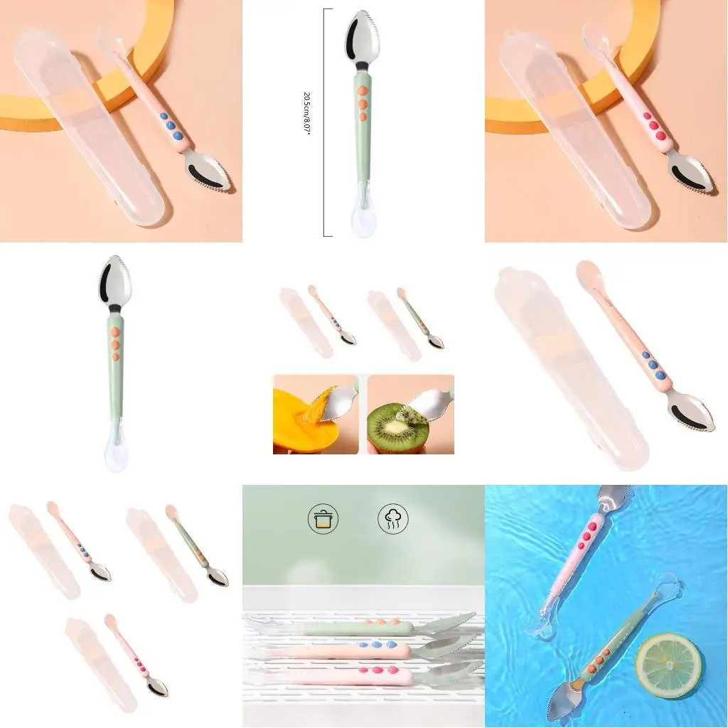 

Портативная детская ложка для фруктовой грязи из нержавеющей стали, силиконовая мягкая ложка, двусторонняя L8RB