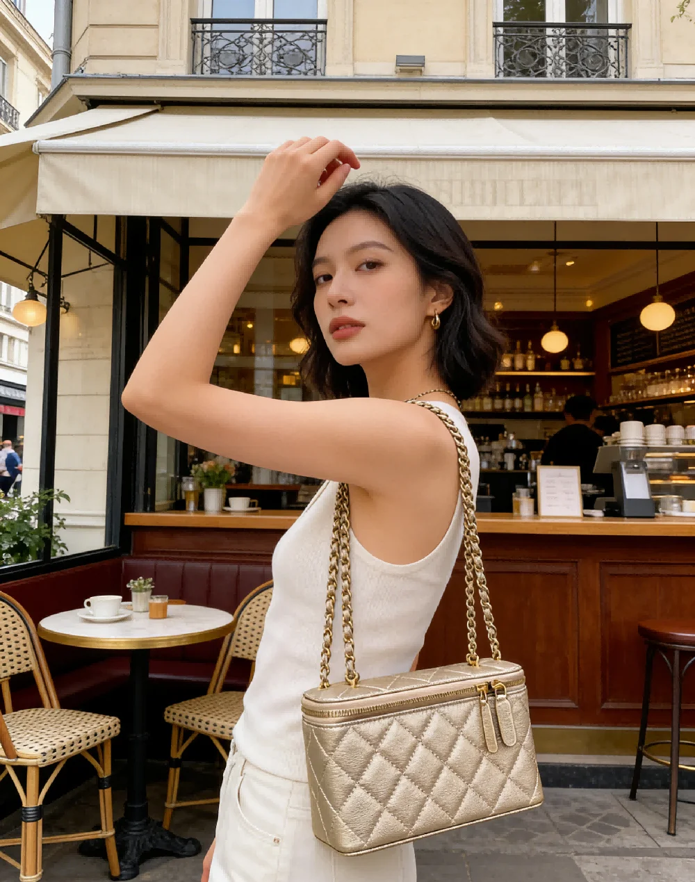 

Elegant Beige Gold Quilted Handbag for Women Fashion Top Handle Bag with Detachable Shoulder Strap Versatile Daily Bag