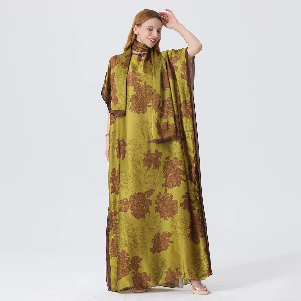 1 piece, colorful floral satin long dress, women's loose long dress, with the same color headscarf, fashionable beach robe view 5